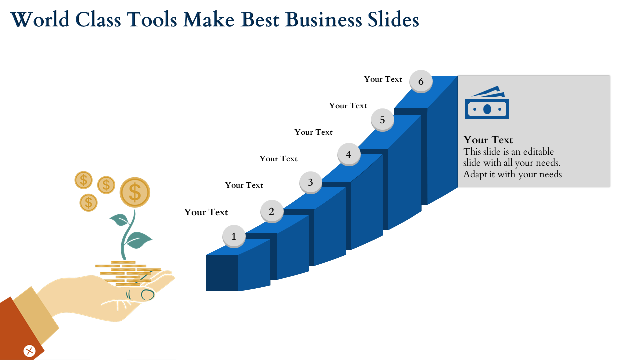 Business presentation slide featuring a hand with growing money and a set of numbered blocks representing a growth process.