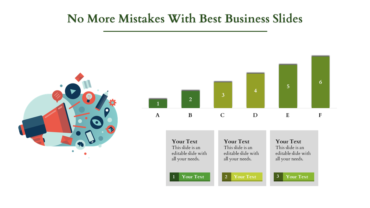 Business slide featuring a six-step bar chart, three editable content boxes, and a colorful megaphone graphic.