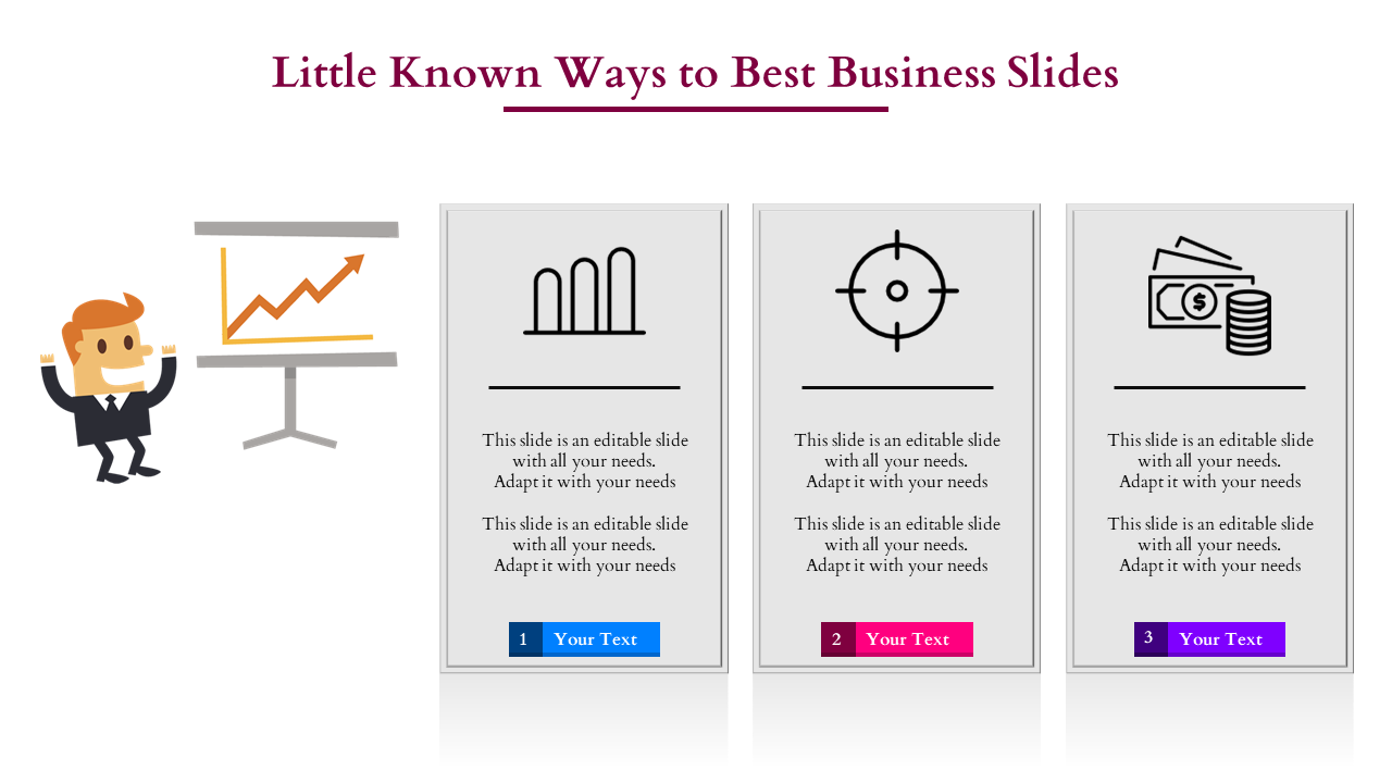 Business slide with a cartoon character presenting a graph and three labeled panels featuring icons and text.