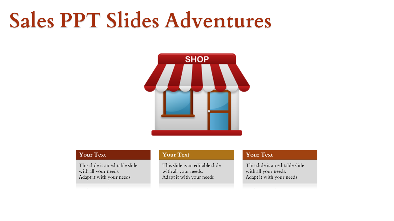 Sales themed slide with a storefront graphic in red theme and three colored content sections for text.