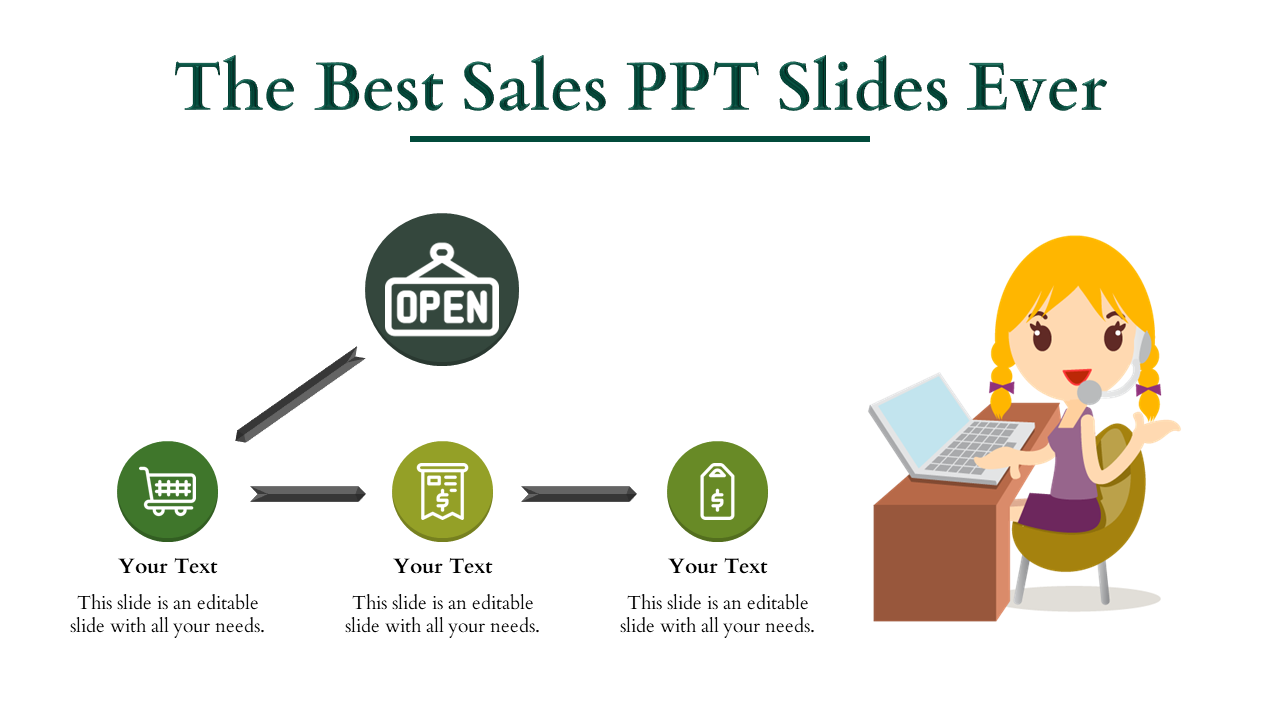 Business slide with green themed sales icons, an open sign, and a cheerful illustration of a woman using a laptop.