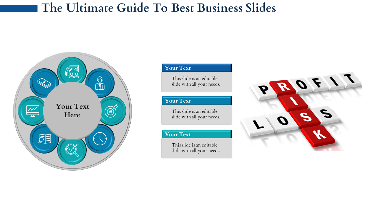 Business slide featuring a circular diagram with eight icons, three text blocks, and a red and white crossword on the right.