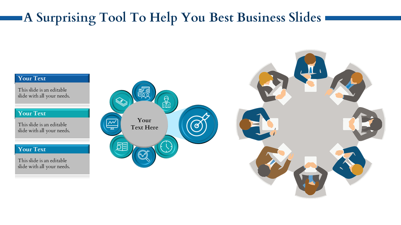 Business PPT slide with circular icons representing concepts, surrounded by a team of people discussing strategies.