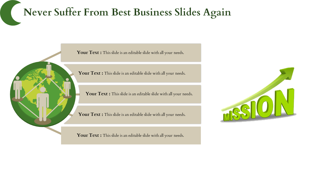 Green globe on the left with connected figures, paired with beige text boxes on the right, and a green arrow pointing upward.