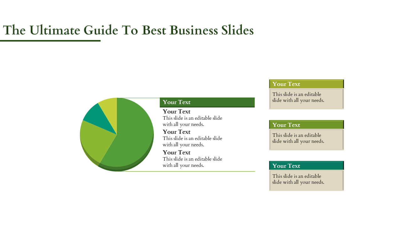 Green pie chart with four sections, paired with labeled text boxes in matching colors on the right.