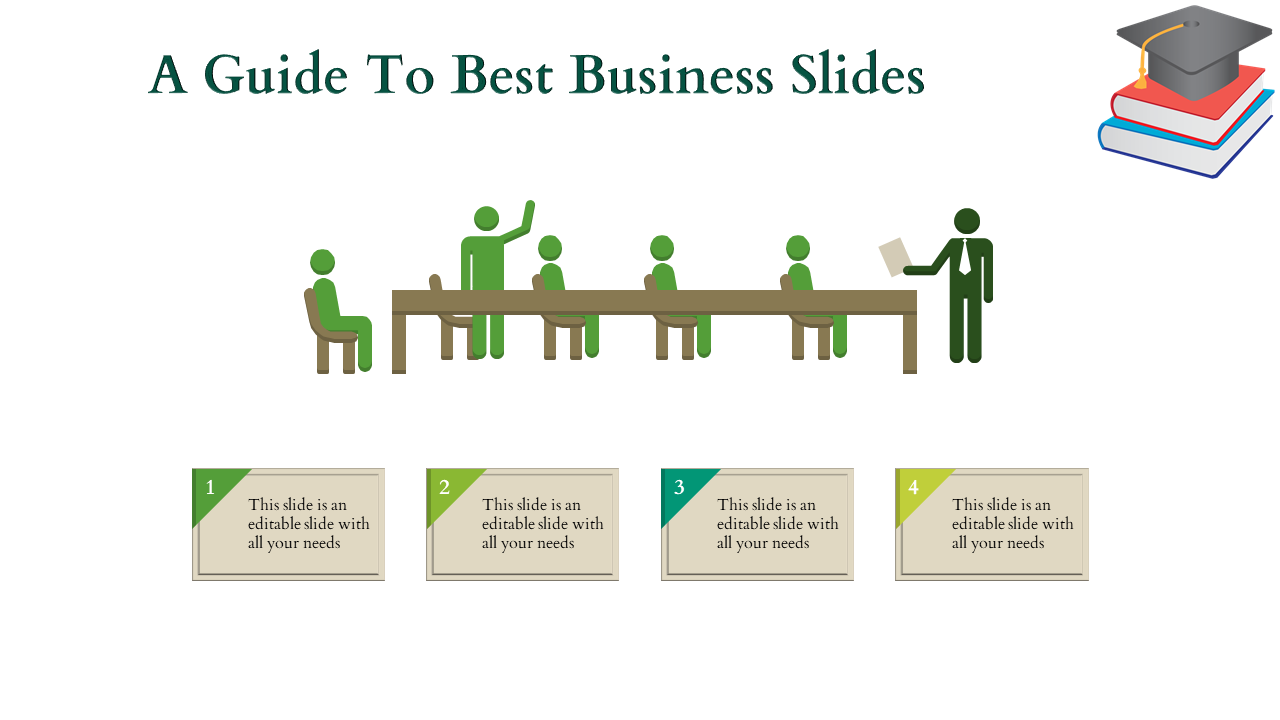 Business graphic showing a conference room setup with six seated figures, one standing, and four numbered boxes below.