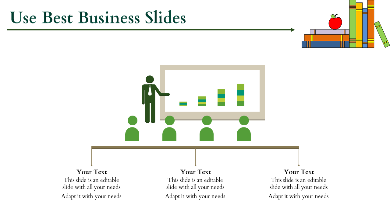 Image of a business seminar setup with a presenter, a bar chart on a screen, and placeholder text areas.