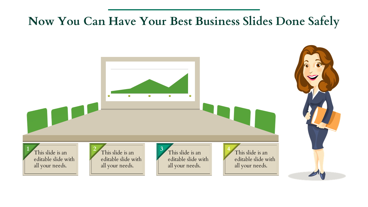 A business presentation slide featuring a bar chart on a screen, with a woman holding a folder beside a table of chairs.