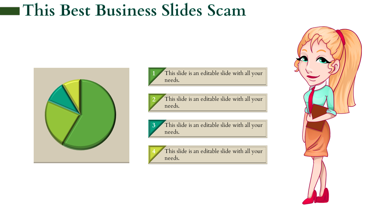 3D green pie chart split into four segments with numbered side labels and a cartoon figure holding documents.