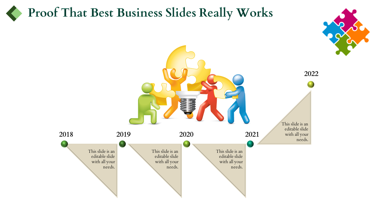 Timeline slide showing the growth from 2018 to 2022 with colorful puzzle pieces and figures representing business success.