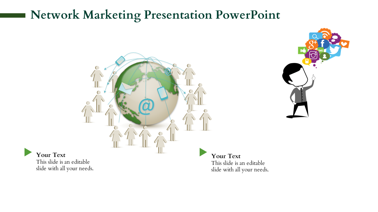 Network marketing concept showing a globe, linked communication icons, and people figures representing global connections.