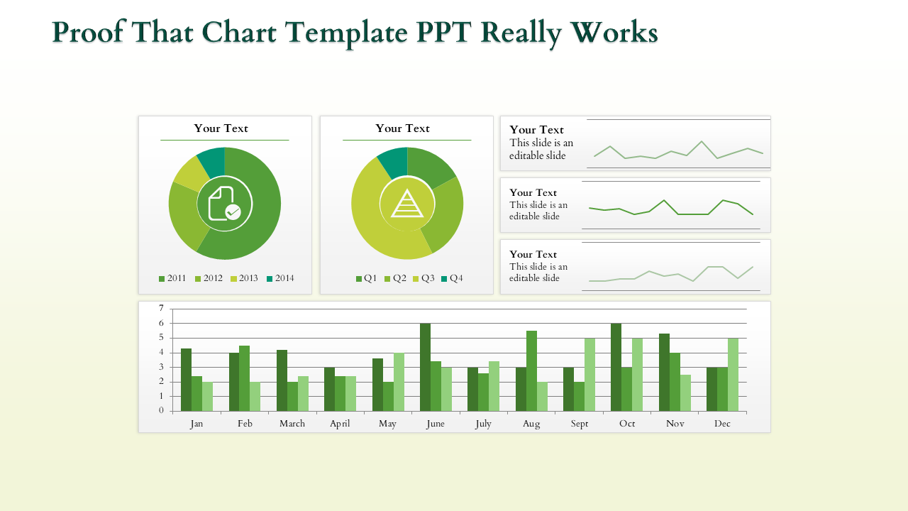 Slide with pie charts, line graphs, and a bar chart in shades of green, illustrating data trends and comparisons.