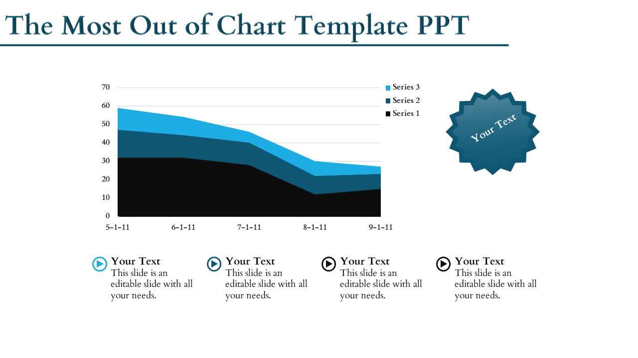 Line chart template with three data series in blue, teal, black, and text sections.