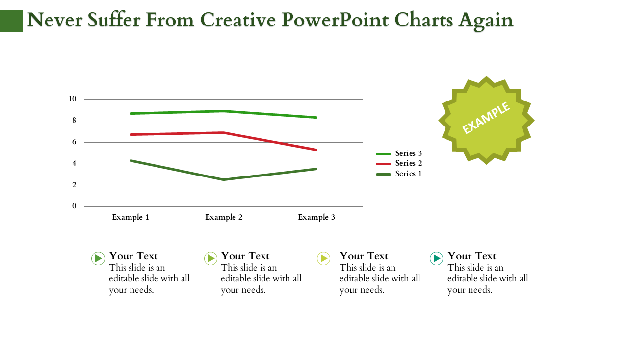 Line chart with green and red lines showing three data series, with text placeholders and a star badge.