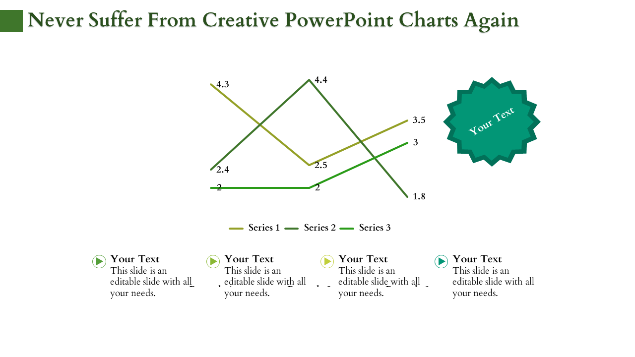 Line chart with green and yellow lines showing three data series, text placeholders and a starburst badge.