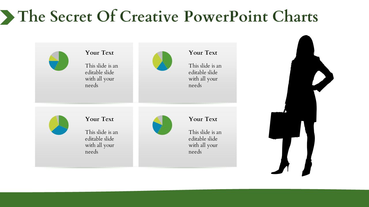 Slide with four pie charts in green and blue, paired with text boxes, and a silhouette of a woman holding a bag on the right.