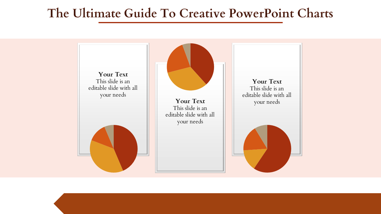 Creative chart PowerPoint slide with three pie charts, each with text areas and placeholder text.