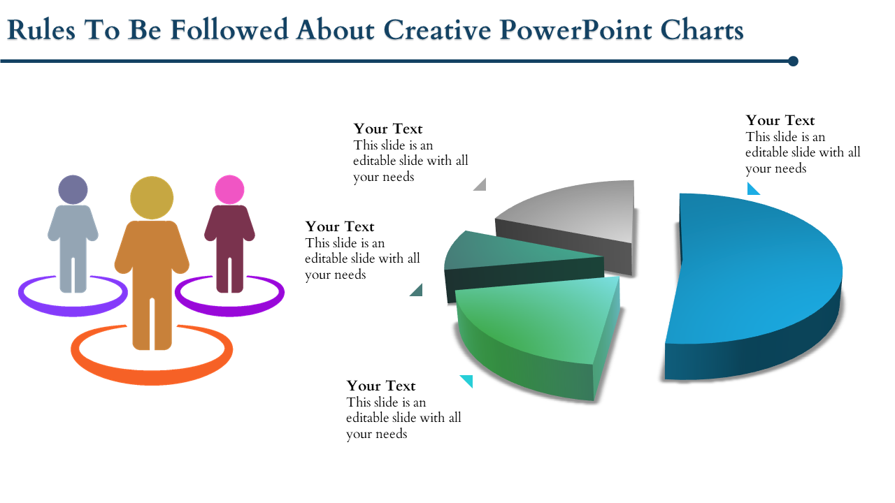 Creative slide with three human icons on colorful rings and a 3D four segmented pie chart on the right.