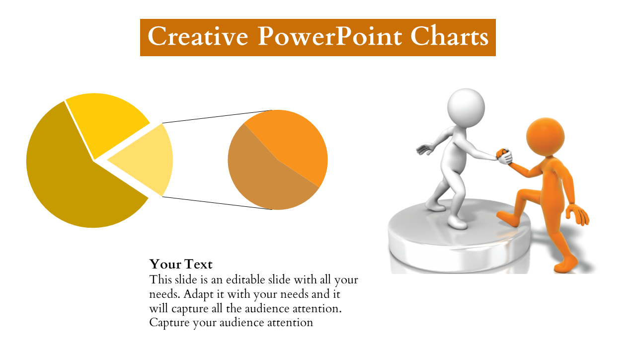 Circular creative yellow pie chart split into sections, with two figures in white and orange interacting on a podium.