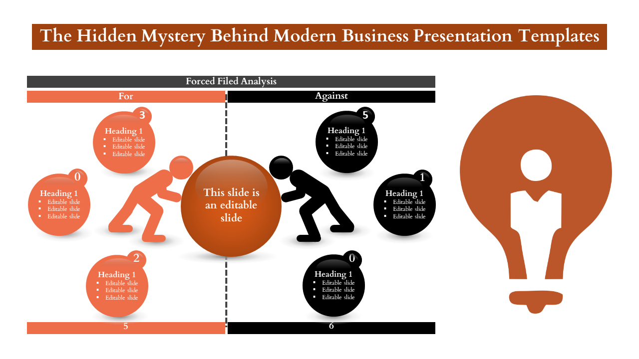 Business themed force field analysis with two stick figures pushing an orange circle, surrounded by numbered text blocks.