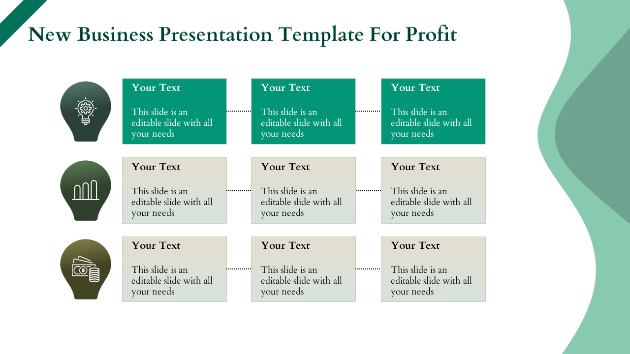 Business slide featuring three icons in green hues and corresponding text columns in a grid format.