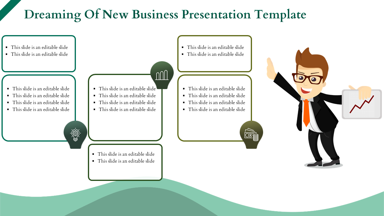 Illustrated businessman holding a chart on the right, with five outlined text boxes with icons, and a green wave below.