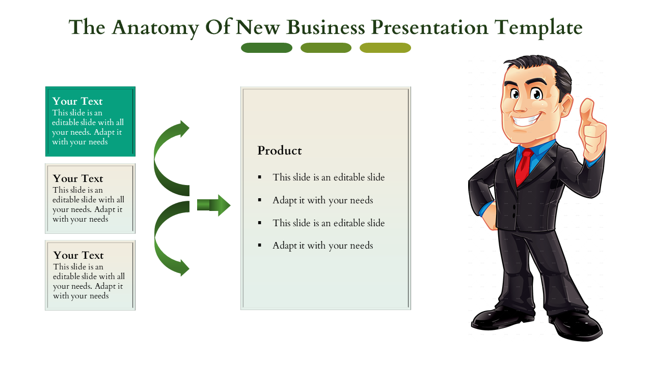 Business presentation slide featuring a professional cartoon character and a product section with text boxes.