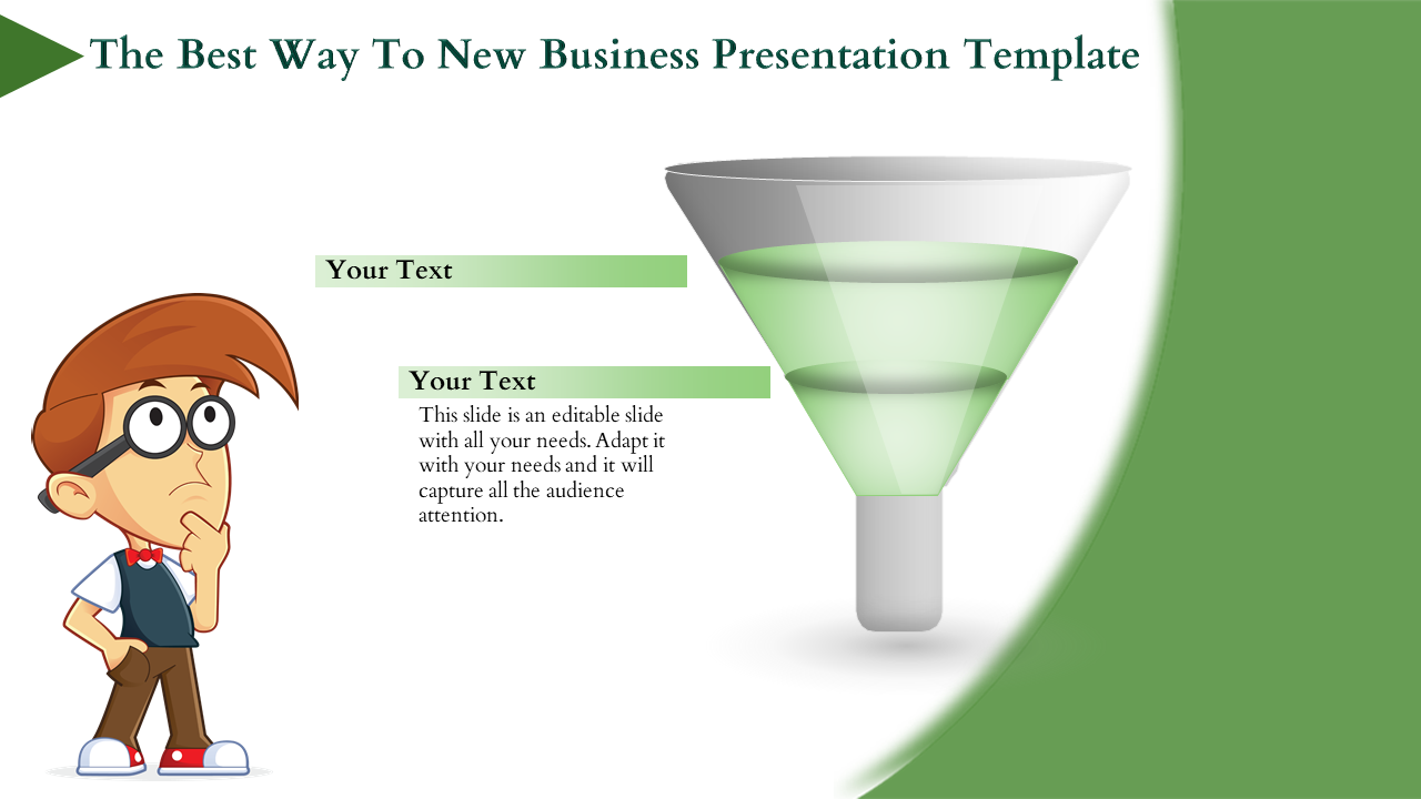 Business funnel graphic with two editable green text bars and a cartoon character on the left side looking thoughtful.