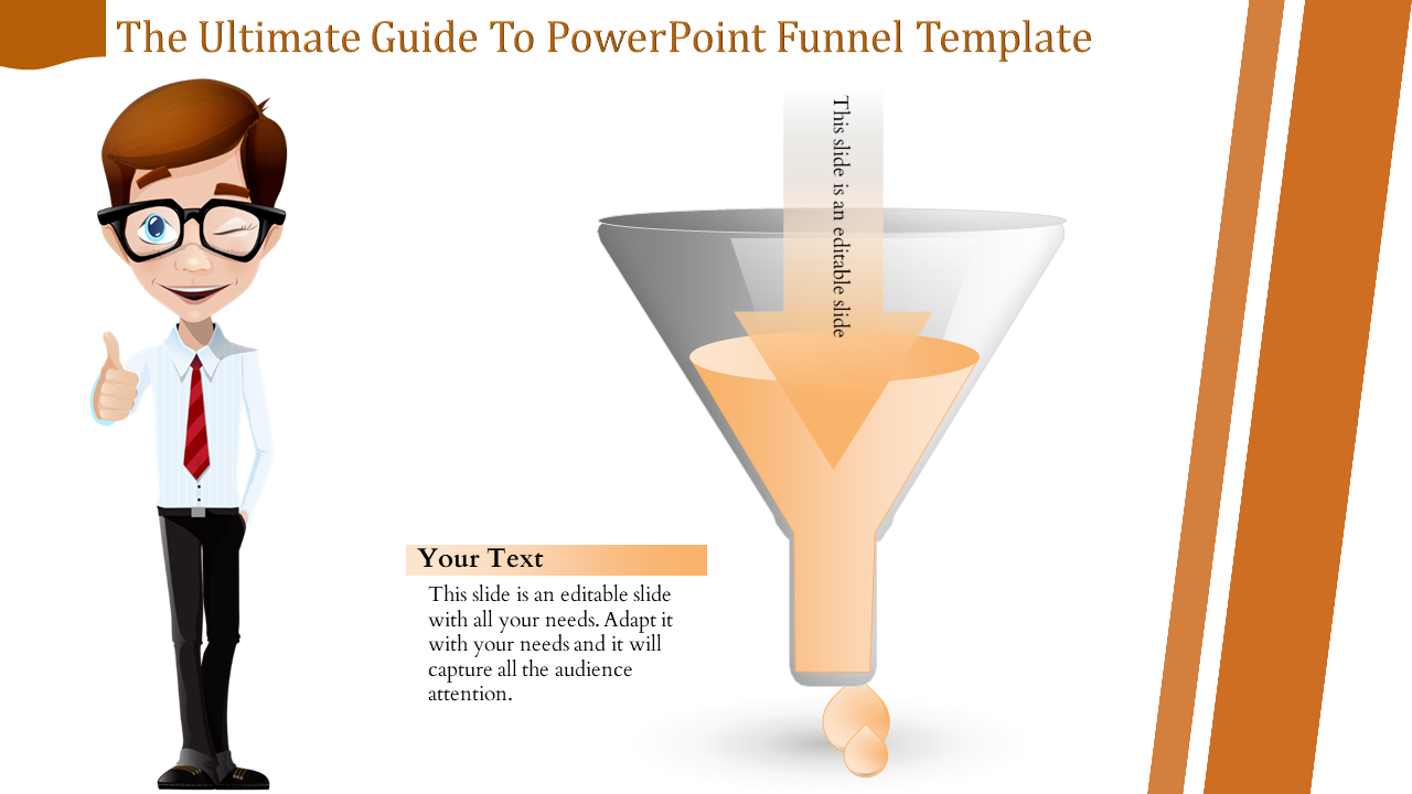 Illustrated man giving a thumbs up next to a transparent funnel diagram with orange arrows and text on the side.