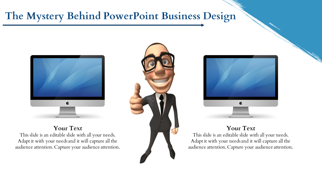 Illustration of a man in a suit giving a thumbs up between two blue themed computer screens, with text boxes below.