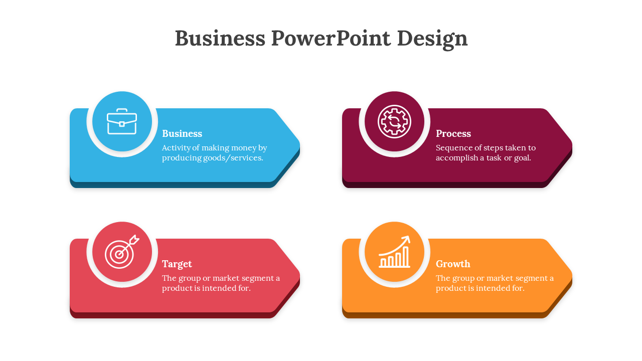 Business slide with four arrow-shaped sections labeled business, process, target, and growth, each with icons.