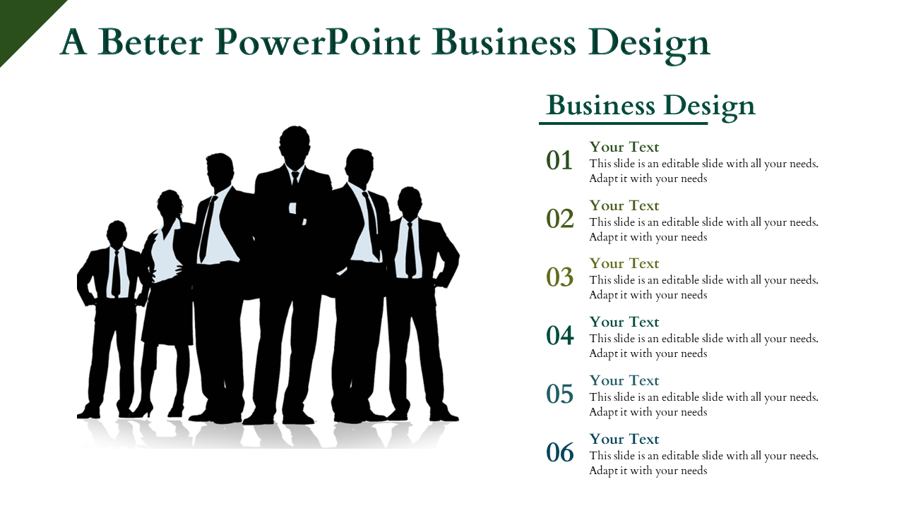 Silhouette of a professional team on the left and a six numbered list for business design on the right.