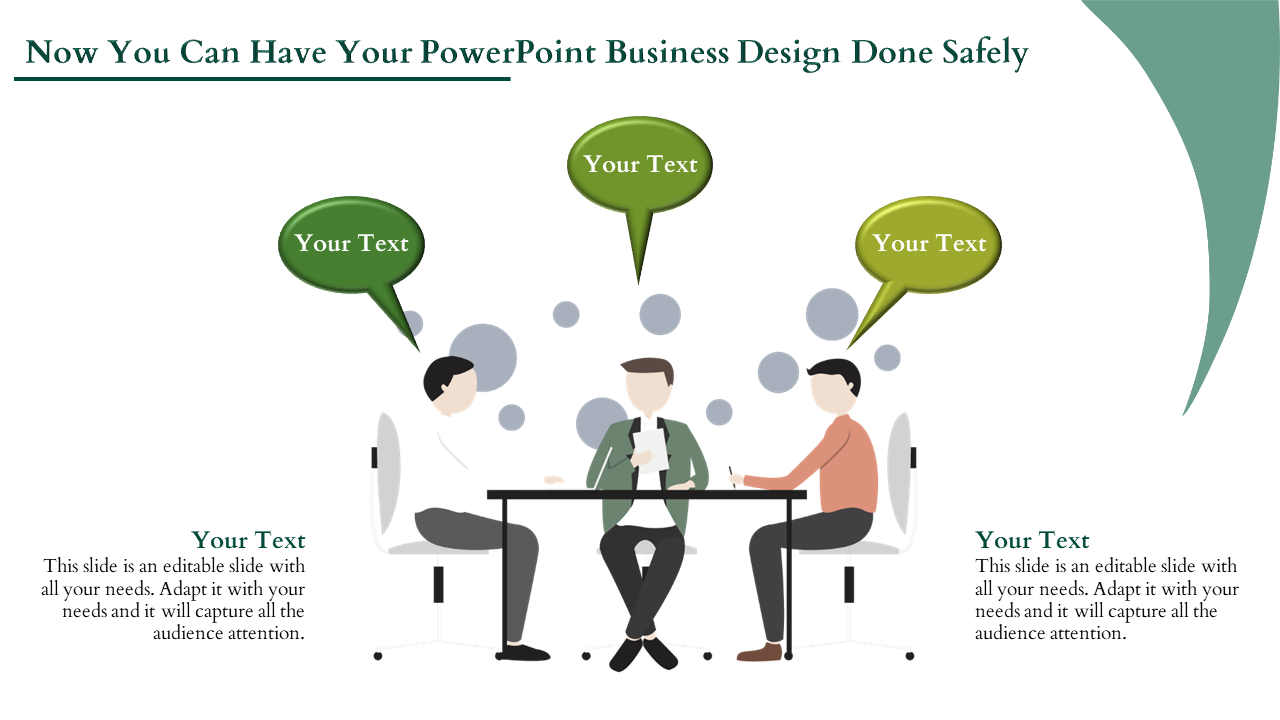 Business PowerPoint slide design featuring a meeting with three people and speech bubbles for custom text.