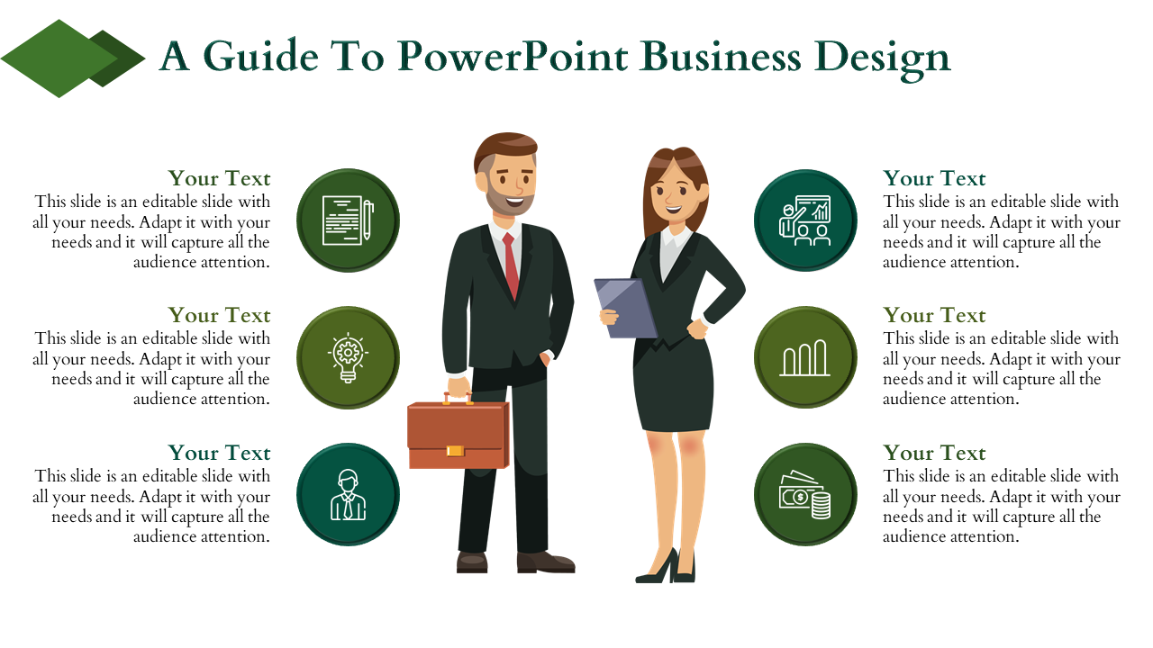 PowerPoint business design featuring a man and woman in business attire, with six colored icons and placeholder text.