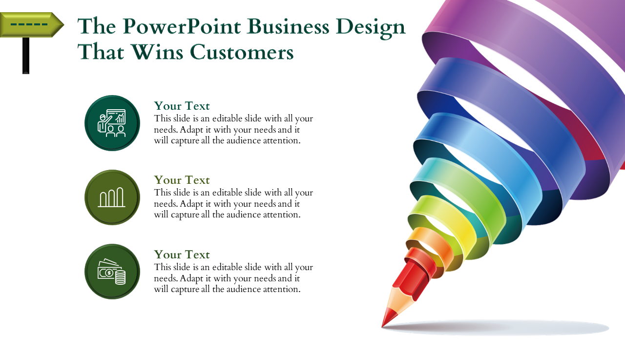 Colorful PowerPoint business design featuring a pencil surrounded by concentric rings, with icons and placeholder text.