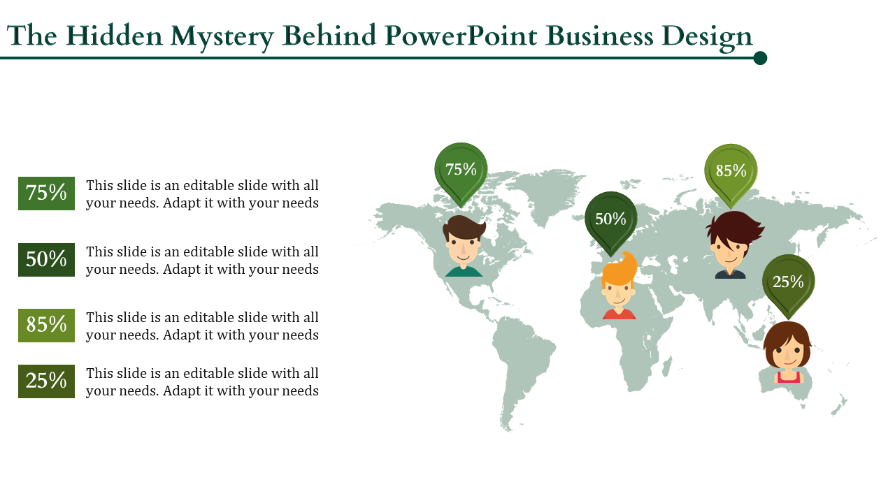 PowerPoint business design slide showing four individuals with percentage indicators on a world map with placeholder text.