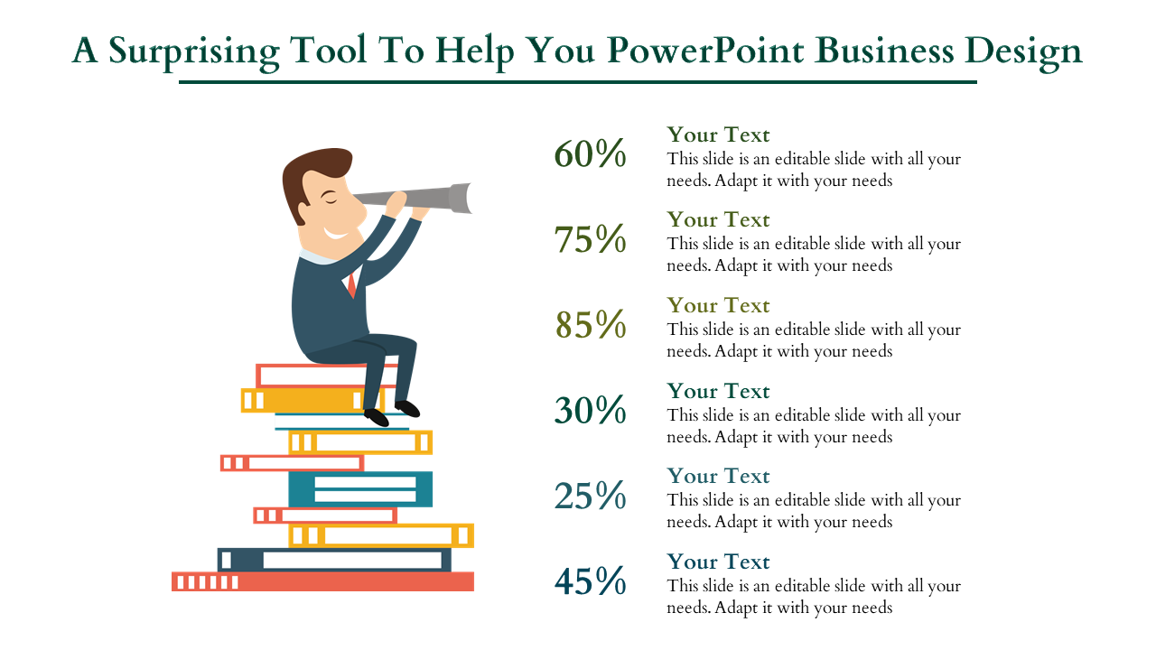 PowerPoint business design slide with a person on a stack of books and percentage labels with placeholder text.