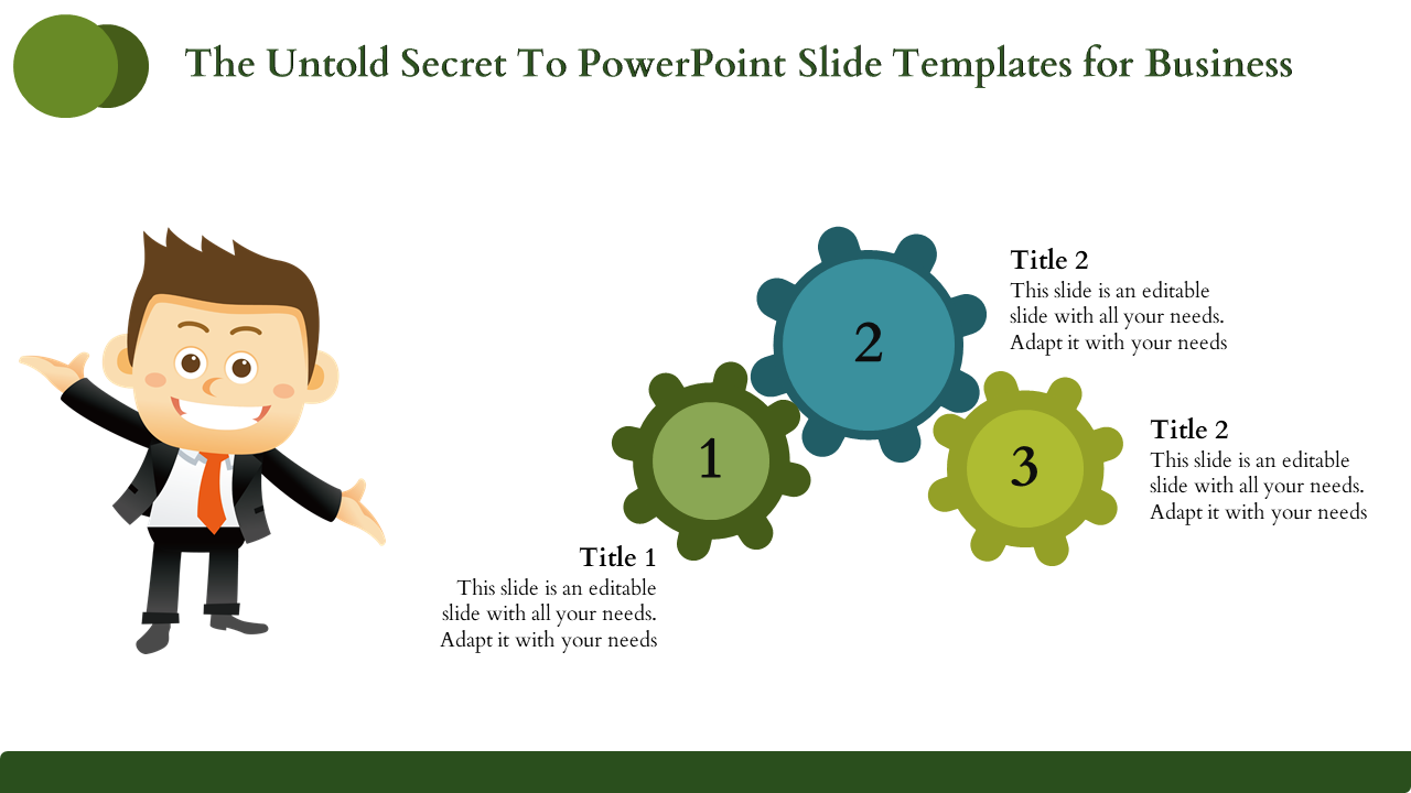 Business-themed slide with three colored gears green, blue, yellow numbered 1, 2, and 3 alongside placeholder text.