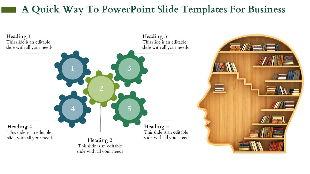 Slide with five green and blue gears, paired with a bookshelf shaped like a human head on a white background.