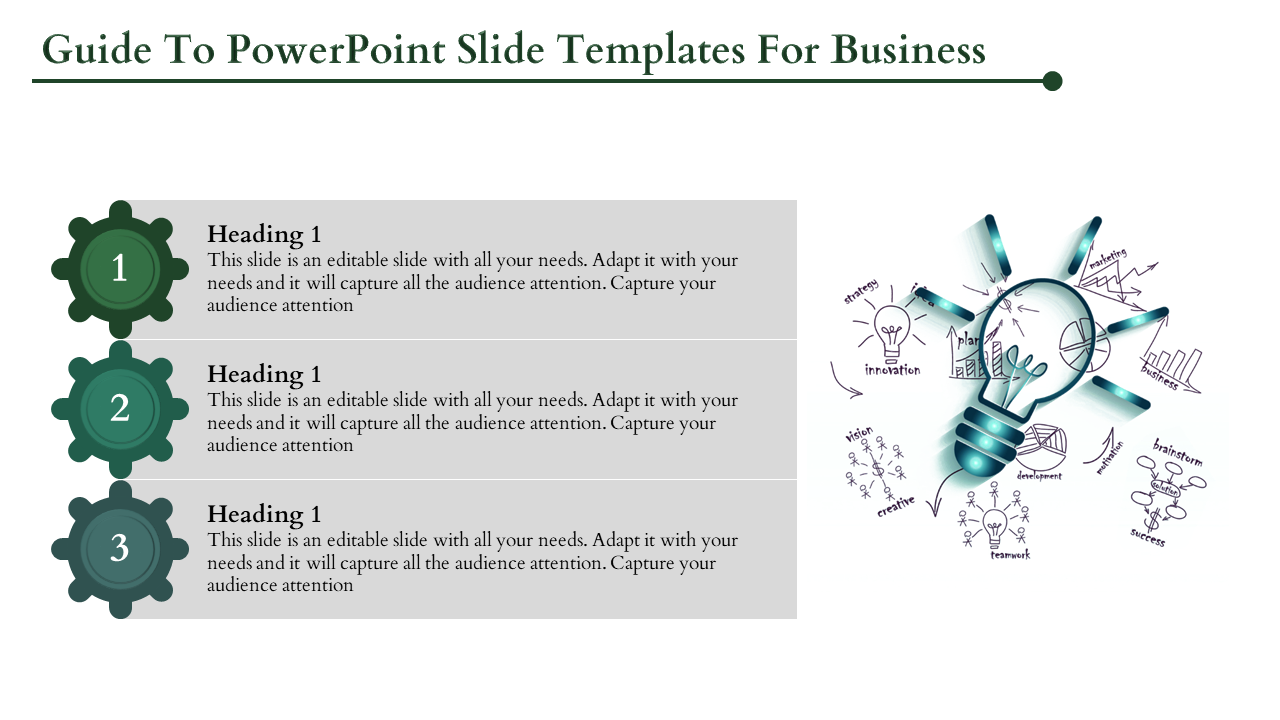 Business themed layout with three gears and headings, paired with a lightbulb graphic surrounded by brainstorm sketches.