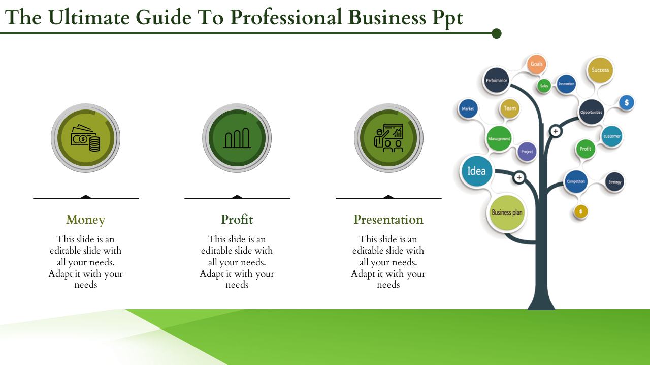 Slide combining three icons in green circles and a tree diagram with colorful business related nodes.