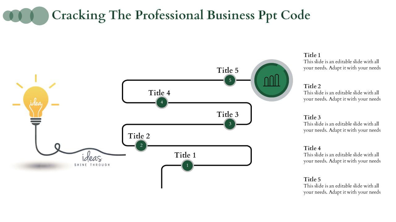 PowerPoint slide with a flow diagram showcasing five stages of a business process, each labeled with a title and a number.