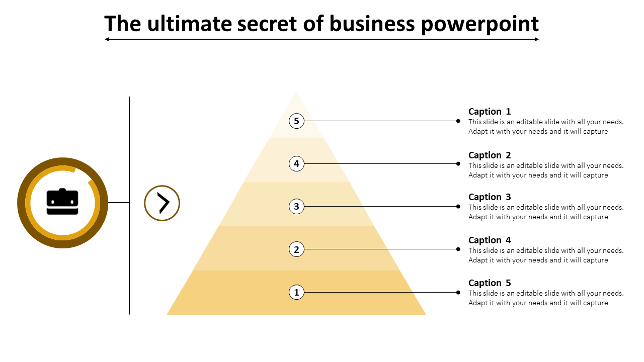 Business PowerPoint slide illustrating a business strategy pyramid with five levels and corresponding captions for each step.