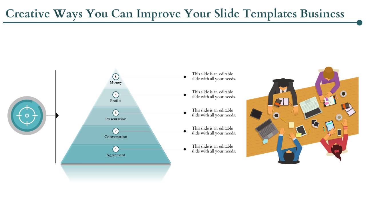 Teal pyramid diagram with five labeled layers, a target icon on the left, and an illustration of people working at a table.