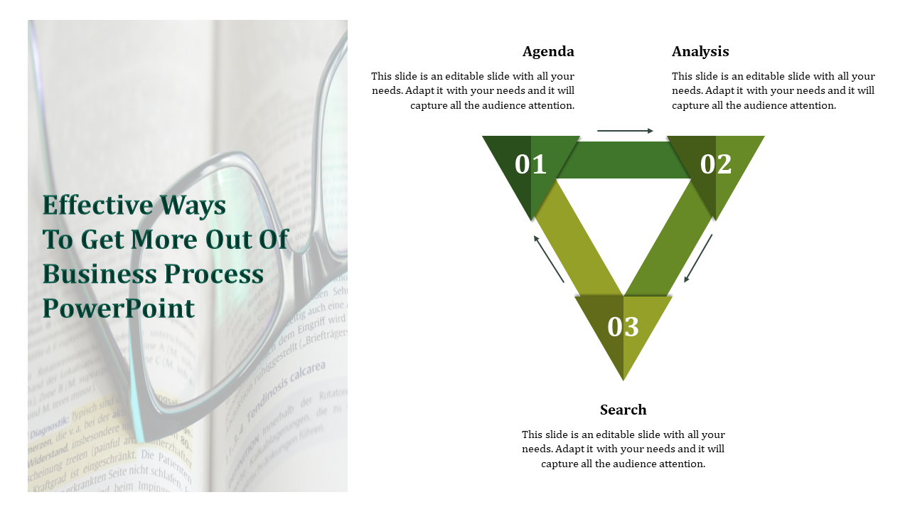 Business process slide shows a triangle with steps Agenda, Analysis, and Search on a background of reading glasses.