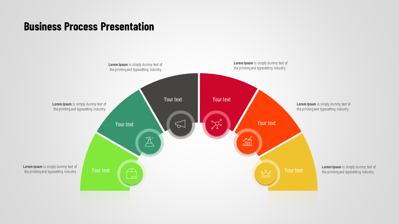 Semi circle diagram with colored sections in green, teal, gray, red, orange, and yellow, each with icons and text.