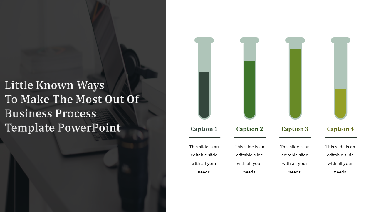 Four step progress infographic with test tubes filled at varying heights in dark green to yellow-green shades,