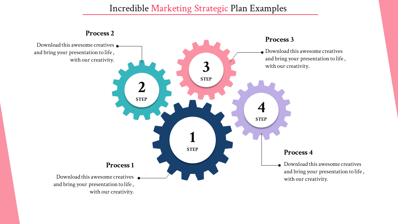 Process diagram featuring gears in blue, teal, pink, and purple, representing steps in a marketing strategy.