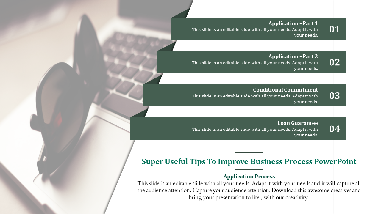 Business process slide with steps from application to loan guarantee, featuring a laptop and sunglasses in the background.