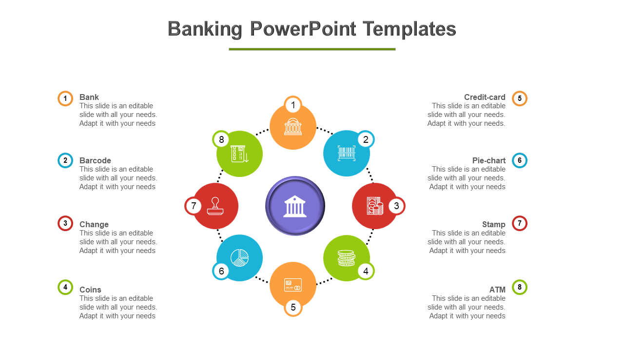 Circular banking themed slide featuring eight colored icons with text descriptions on a white backdrop.